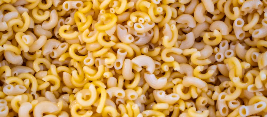 Ein ganzes Blech frisch gekochter Makkaroni in der Küche.